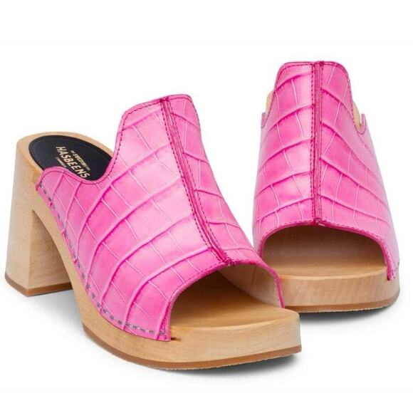 Swedish Hasbeens Lotten Open Toe Mule Heels In Pink - Picture 1 of 11